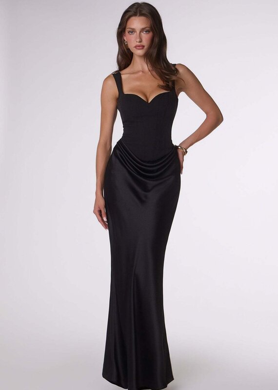 Ora Satin Sweetheart Neck Draped Front Maxi Dress