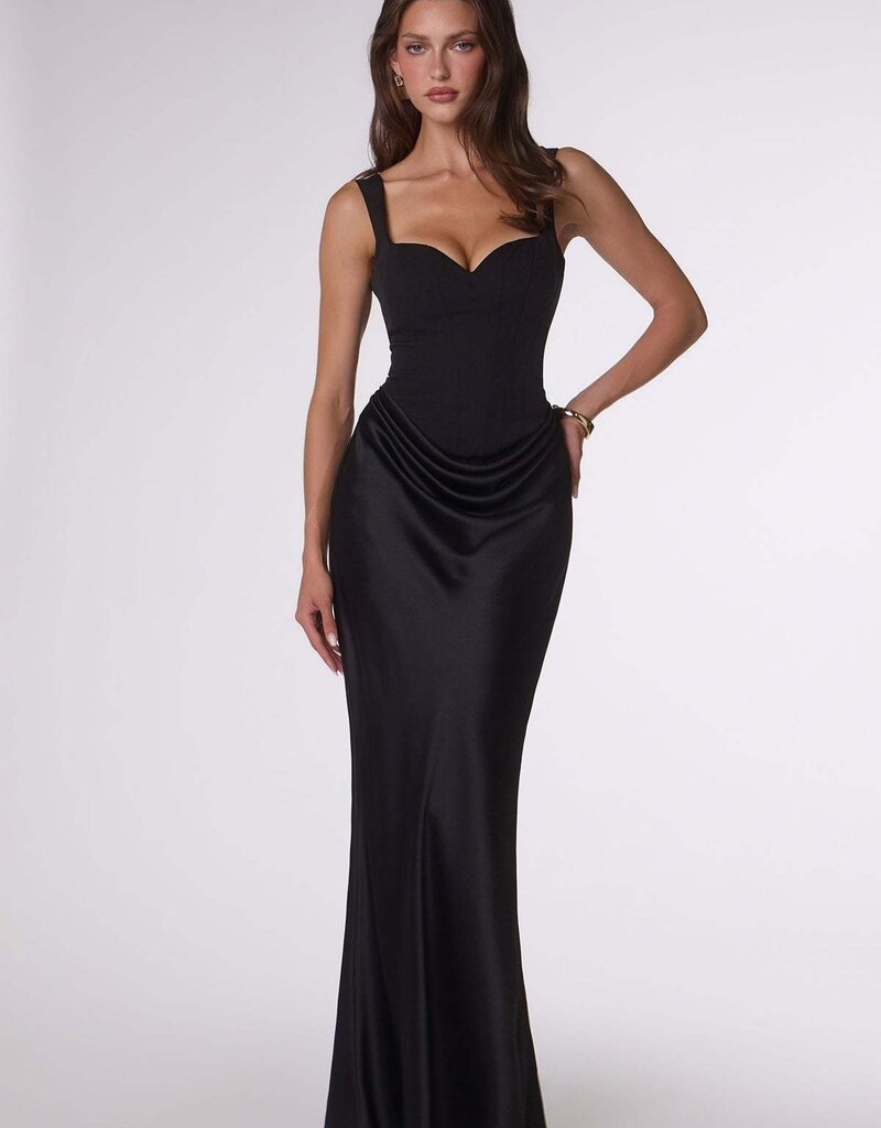Ora Satin Sweetheart Neck Draped Front Maxi Dress