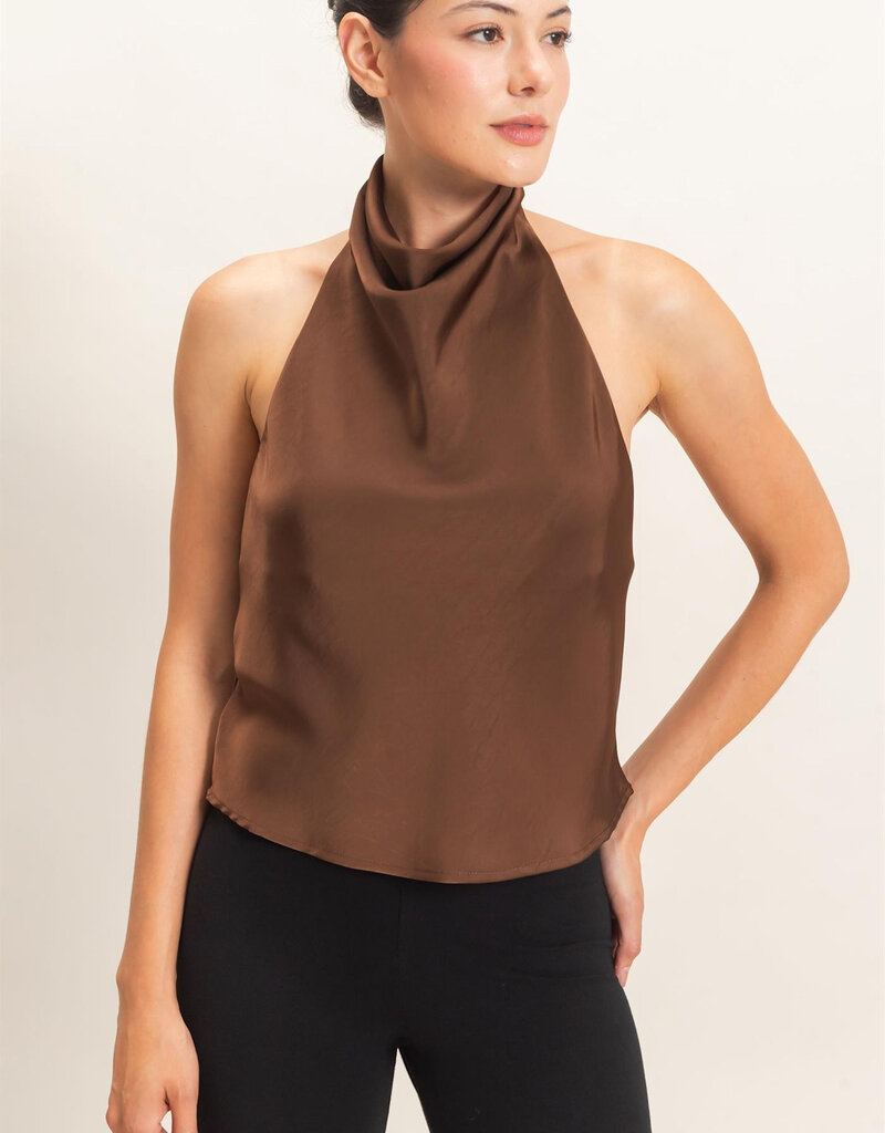 Zora Satin High Cowl Neck Halter Top