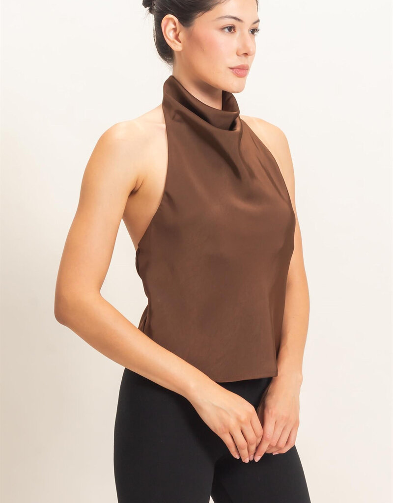Zora Satin High Cowl Neck Halter Top