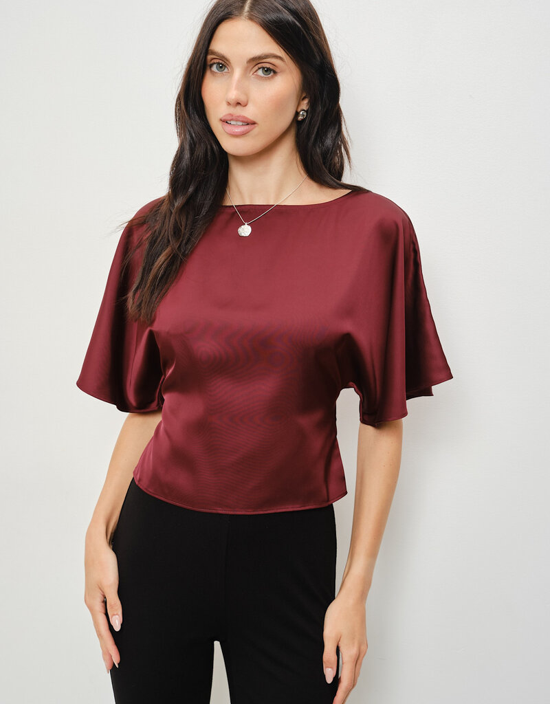 Satin Flutter Sleeve Tie Back Top
