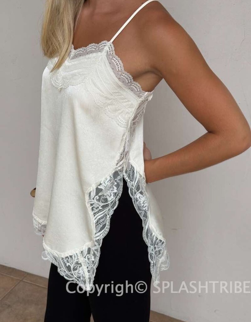 Textured Satin Lace Detail Side Slit Top