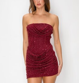 Karmen Sequin Beaded Drape Cowl Strapless Mini Dress