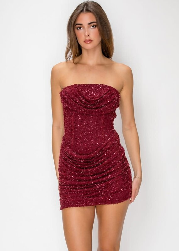 Karmen Sequin Beaded Drape Cowl Strapless Mini Dress