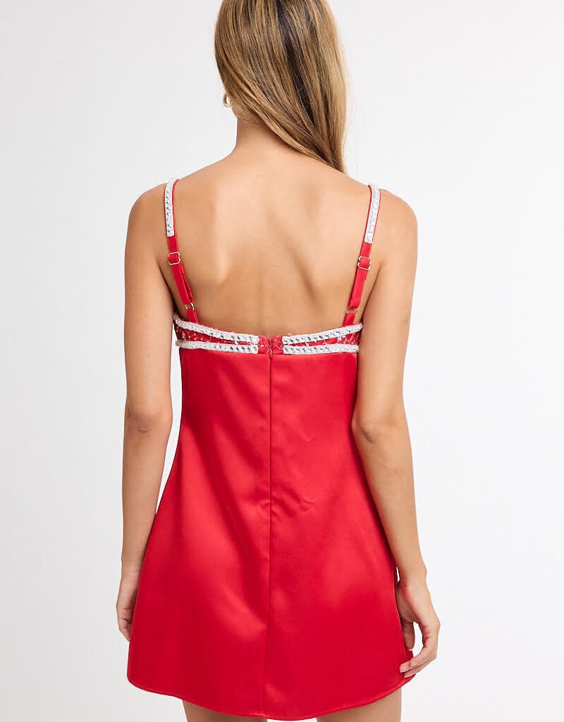 Satin Embellished Bust Mini Dress