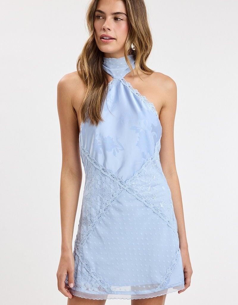 Jacquard Satin Clip Dot Lace Patchwork Mini Dress