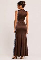 High Neck Side Lace Satin Asymmetrical Maxi Dress