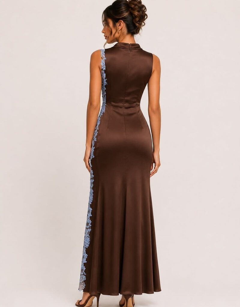 High Neck Side Lace Satin Asymmetrical Maxi Dress
