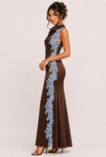 High Neck Side Lace Satin Asymmetrical Maxi Dress