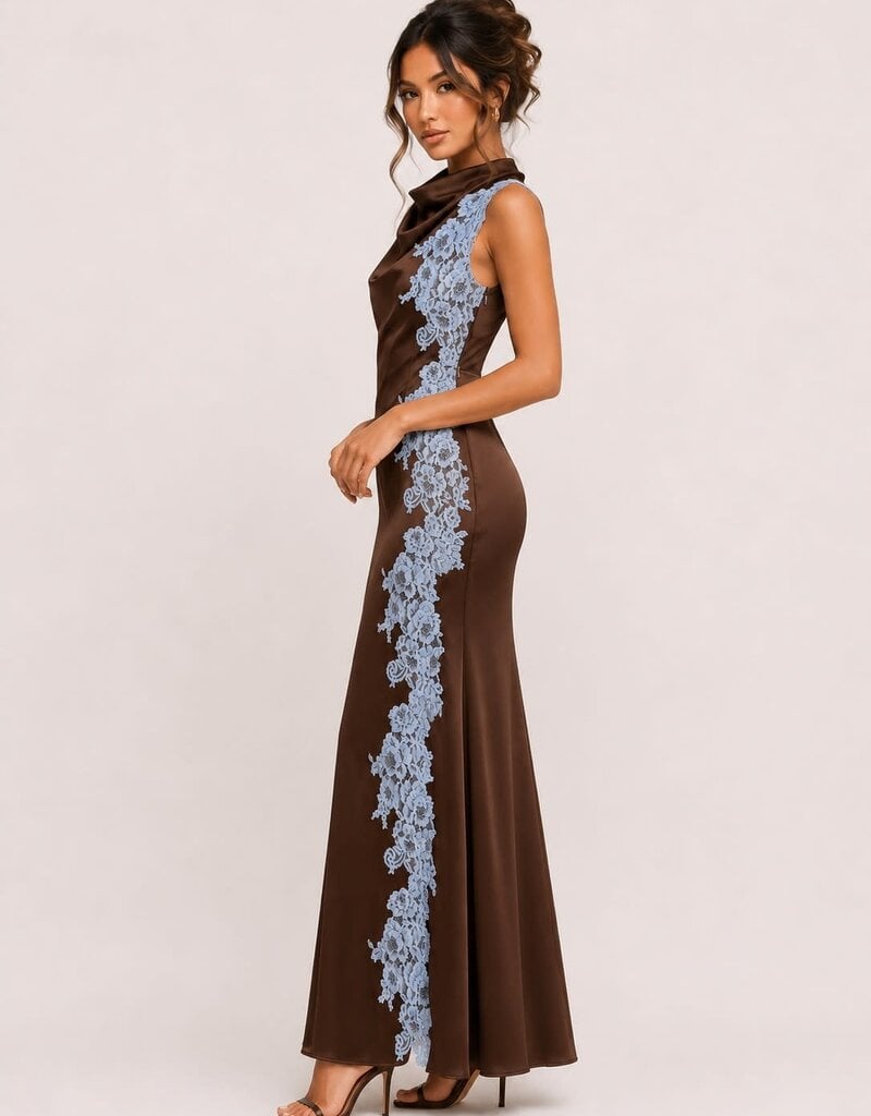 High Neck Side Lace Satin Asymmetrical Maxi Dress