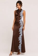 High Neck Side Lace Satin Asymmetrical Maxi Dress