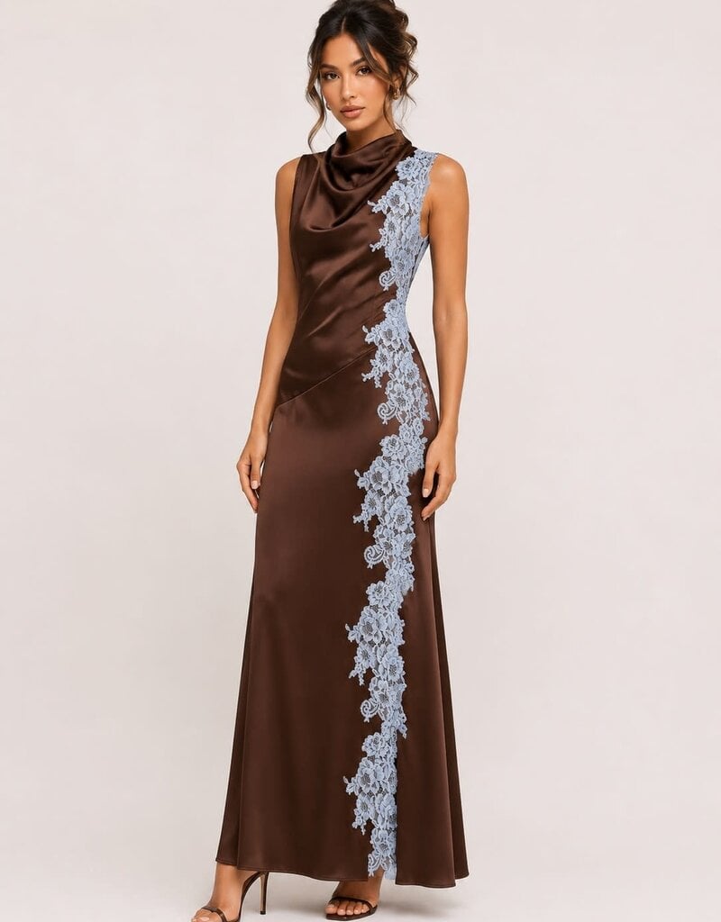 High Neck Side Lace Satin Asymmetrical Maxi Dress
