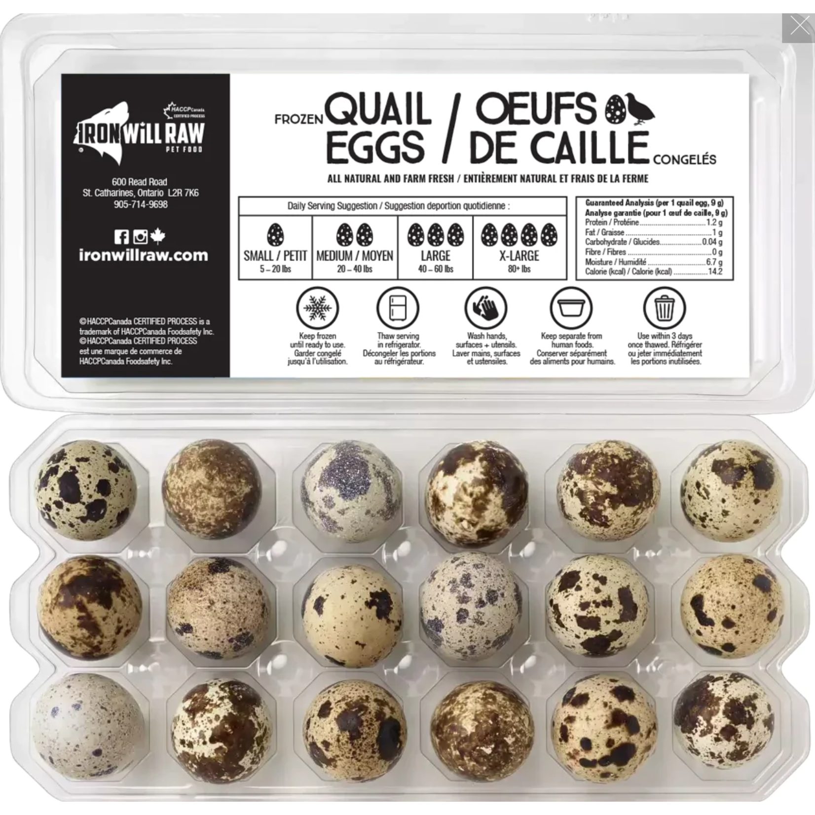 Iron Will Raw frozen Quail eggs Dog / Cat 18ct