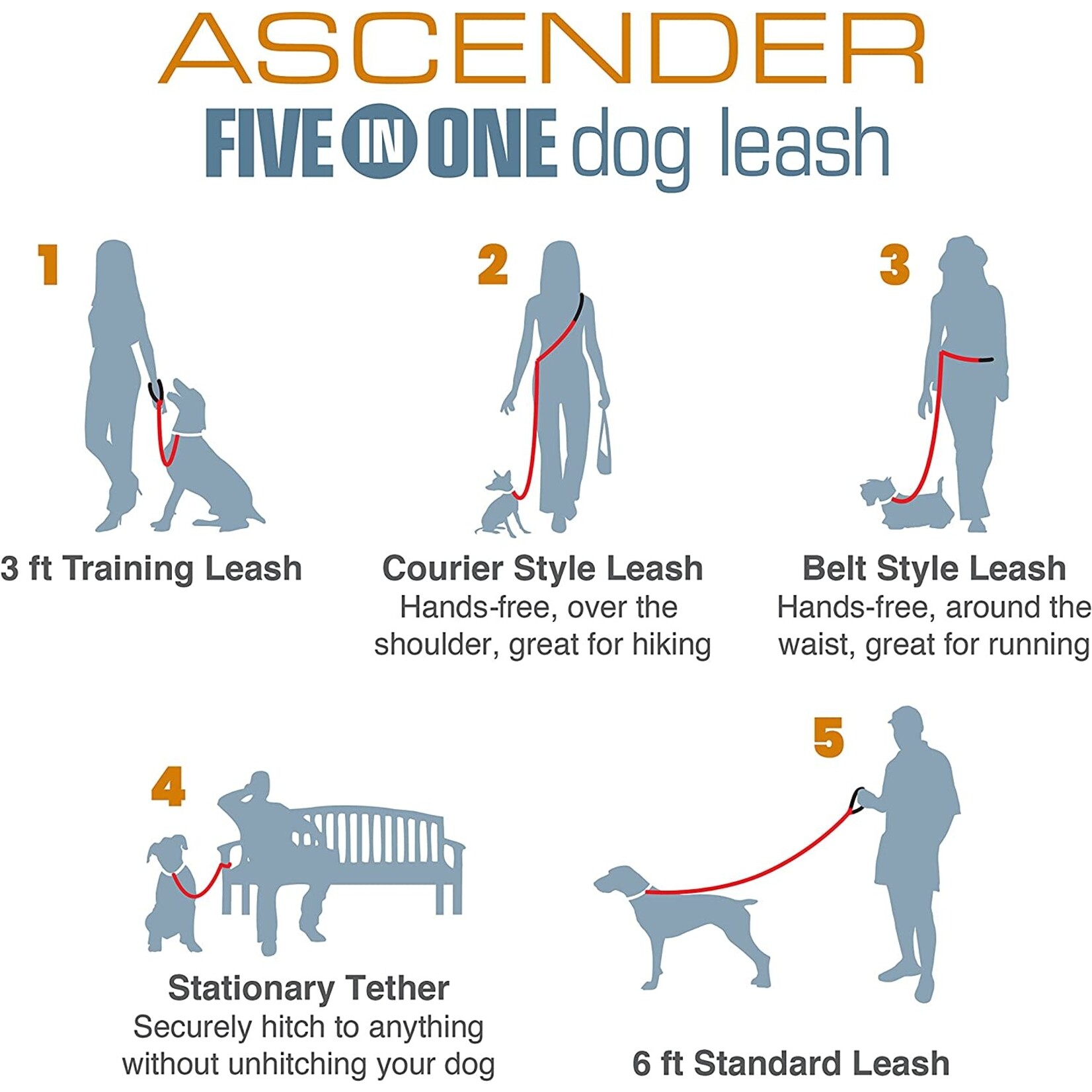 Kurgo Ascender Five in One  Leash Costal Bule 78in