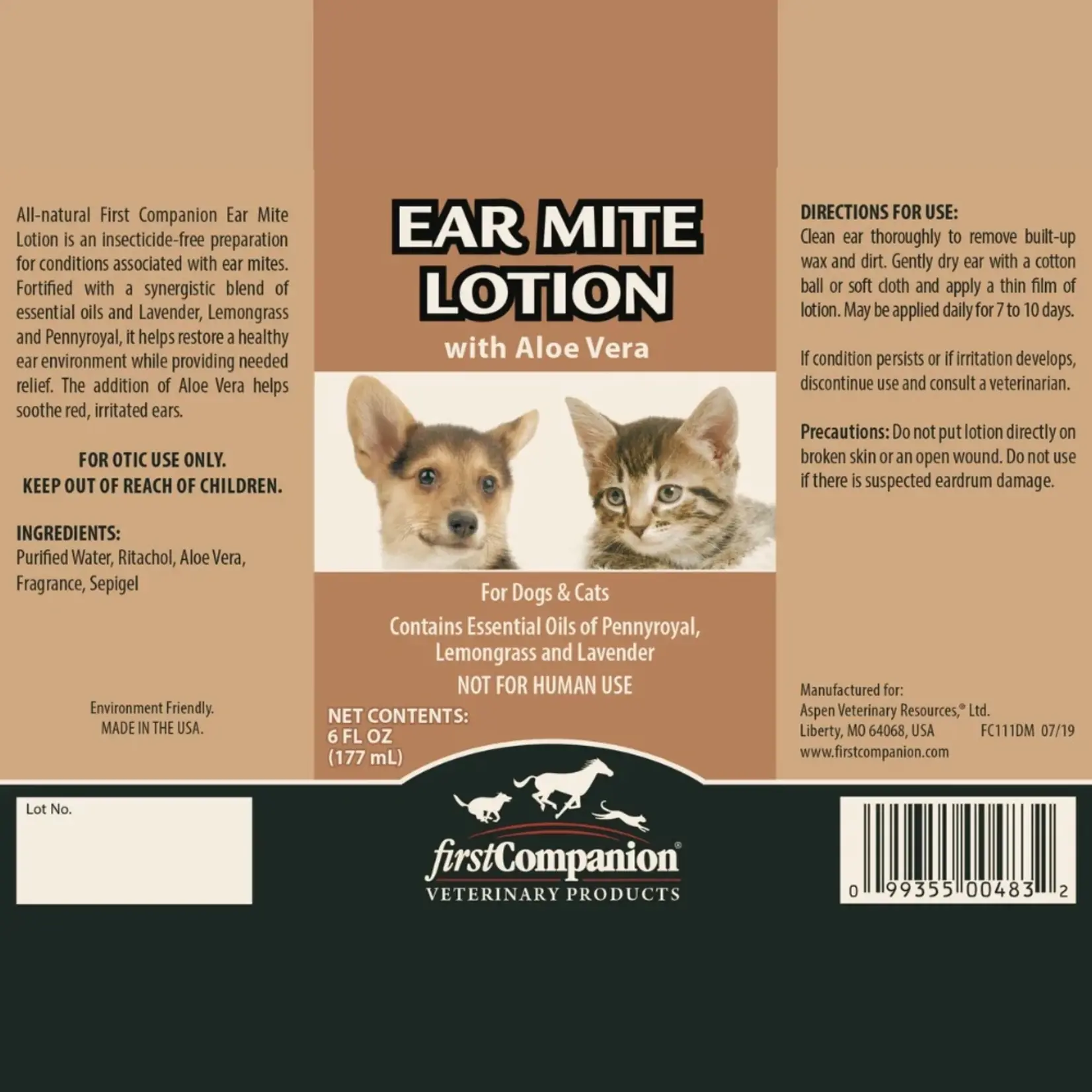 First Companion Veterinary Products Ear Mite Lotion With Aloe Vera Dog + Cat 6oz