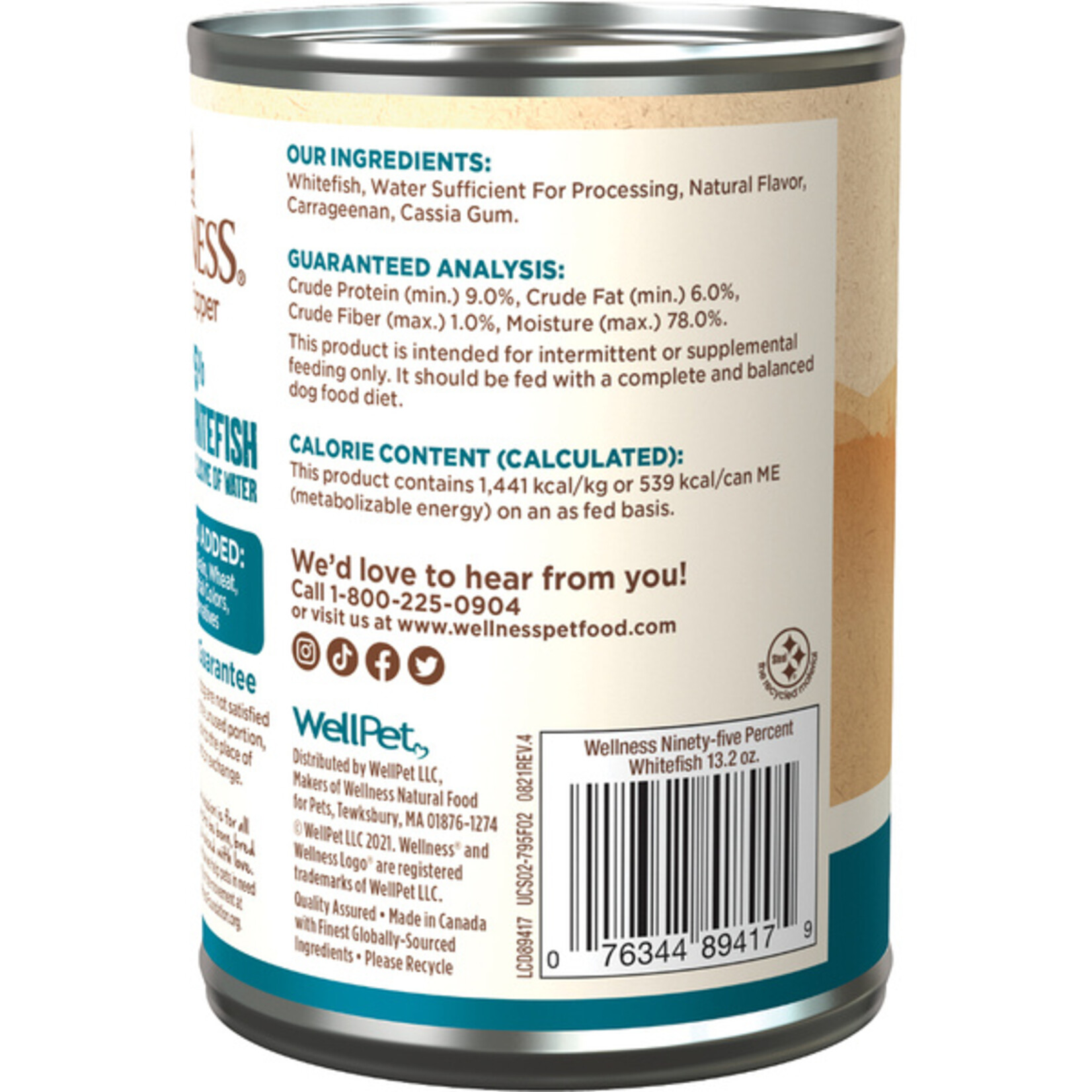 Wellness 95% Whitefish Grain Free Dog Wet Food Pate 13.2 OZ