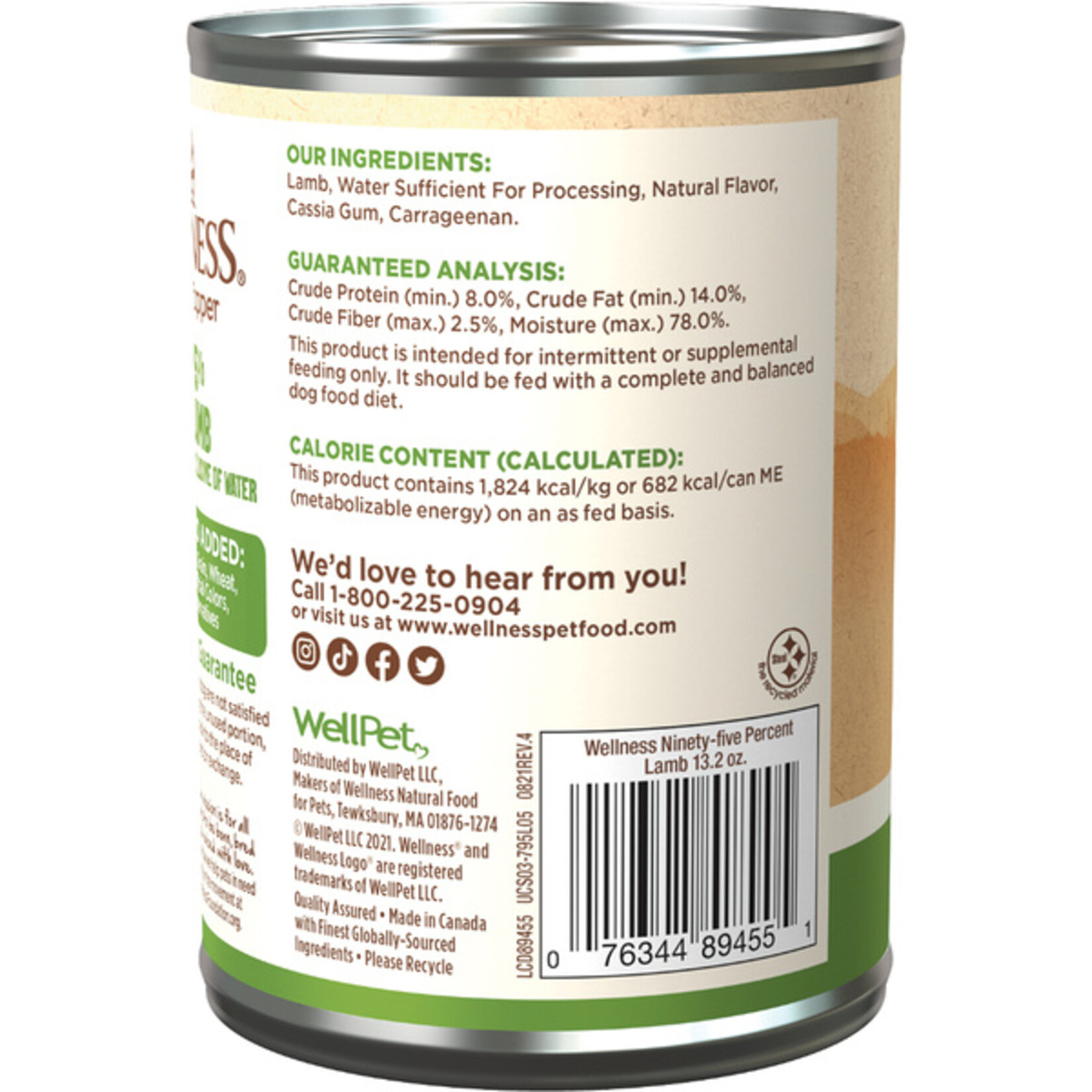 Wellness 95% Lamb Grain Free Dog Wet Food Pate 13.2 OZ