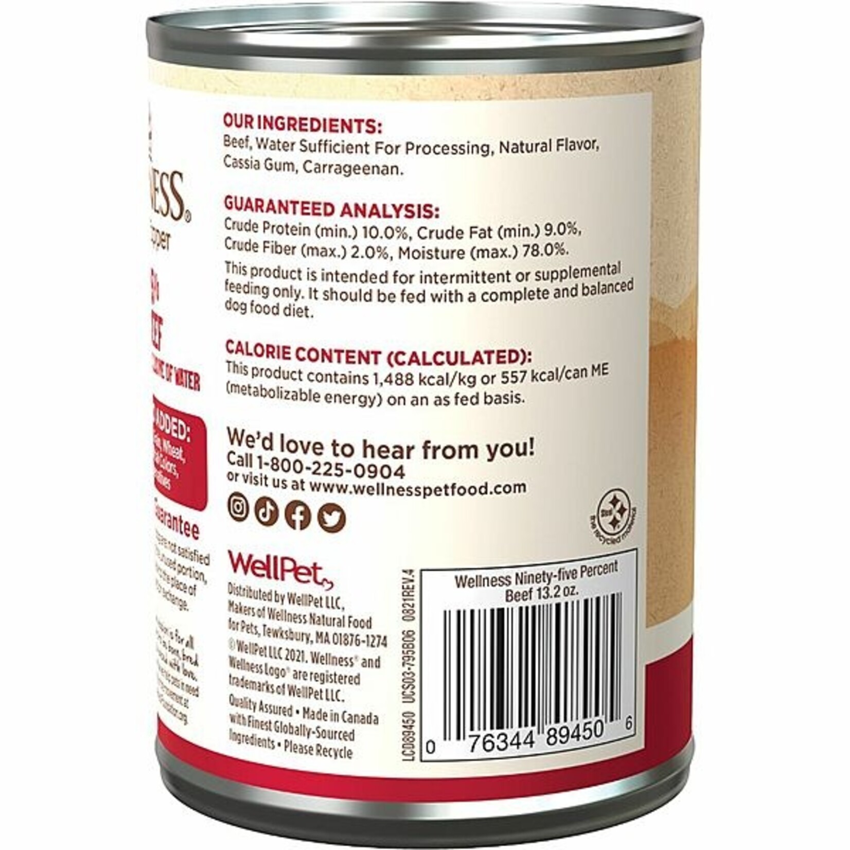Wellness 95% Beef Grain Free Dog Wet Food Pate 13.2 OZ