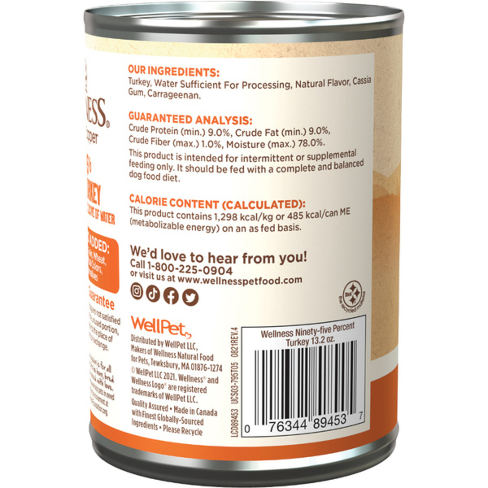 Wellness 95% Turkey Grain Free Dog Wet Food Pate 13.2 OZ
