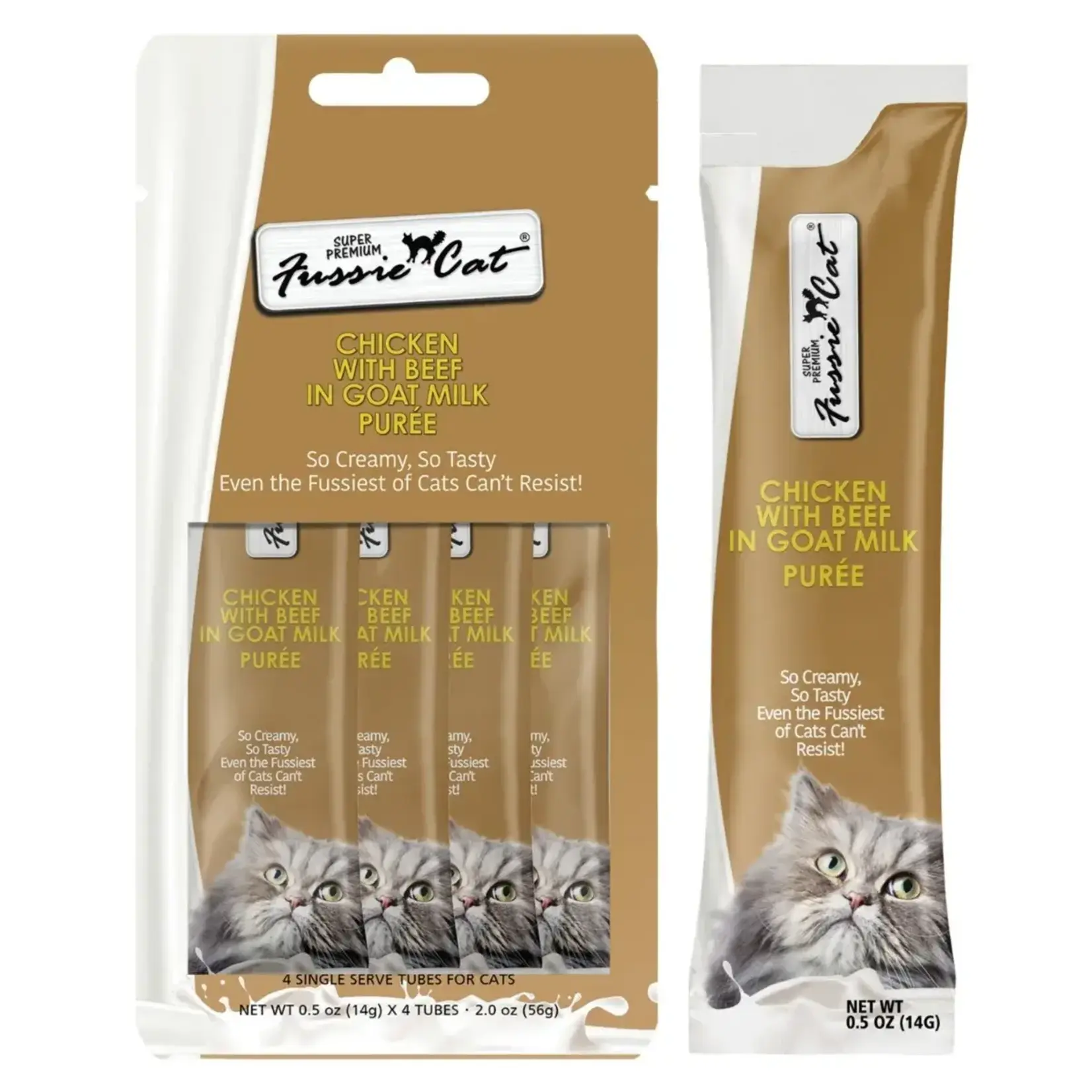 Fussie Cat Fussie Cat Treats Super Premium Chicken With beef in Goat Milk Puree (4pack) 5 OZ