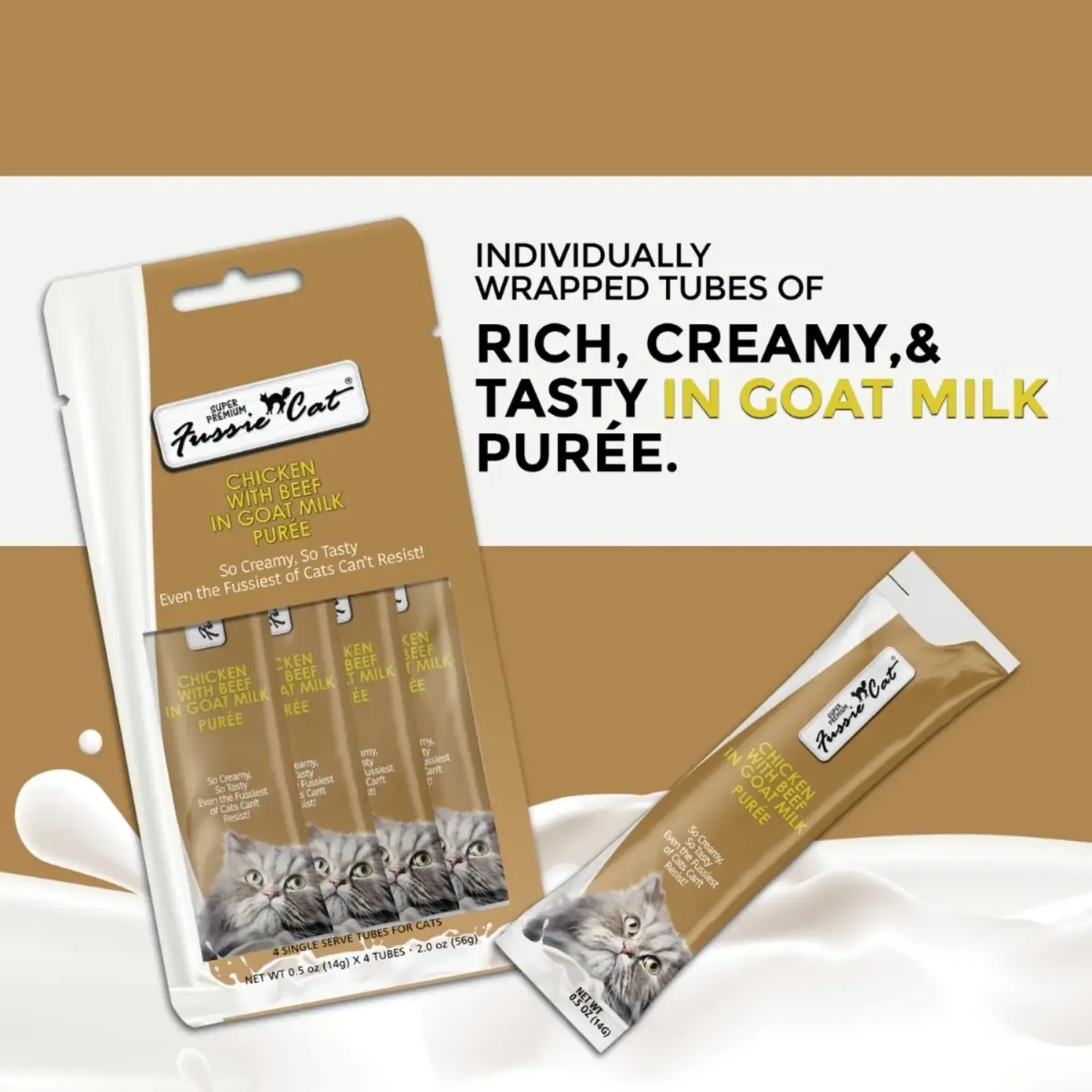 Fussie Cat Fussie Cat Treats Super Premium Chicken With beef in Goat Milk Puree (4pack) 5 OZ