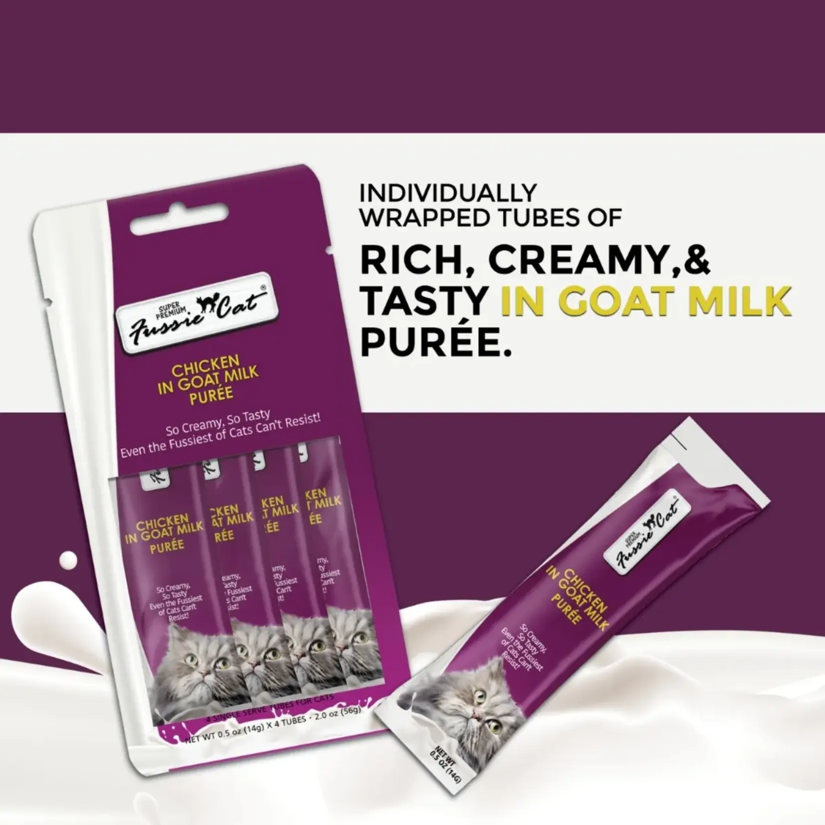 Fussie Cat Fussie Cat Treats Super Premium Chicken in Goat Milk Puree (4pack) 5 OZ