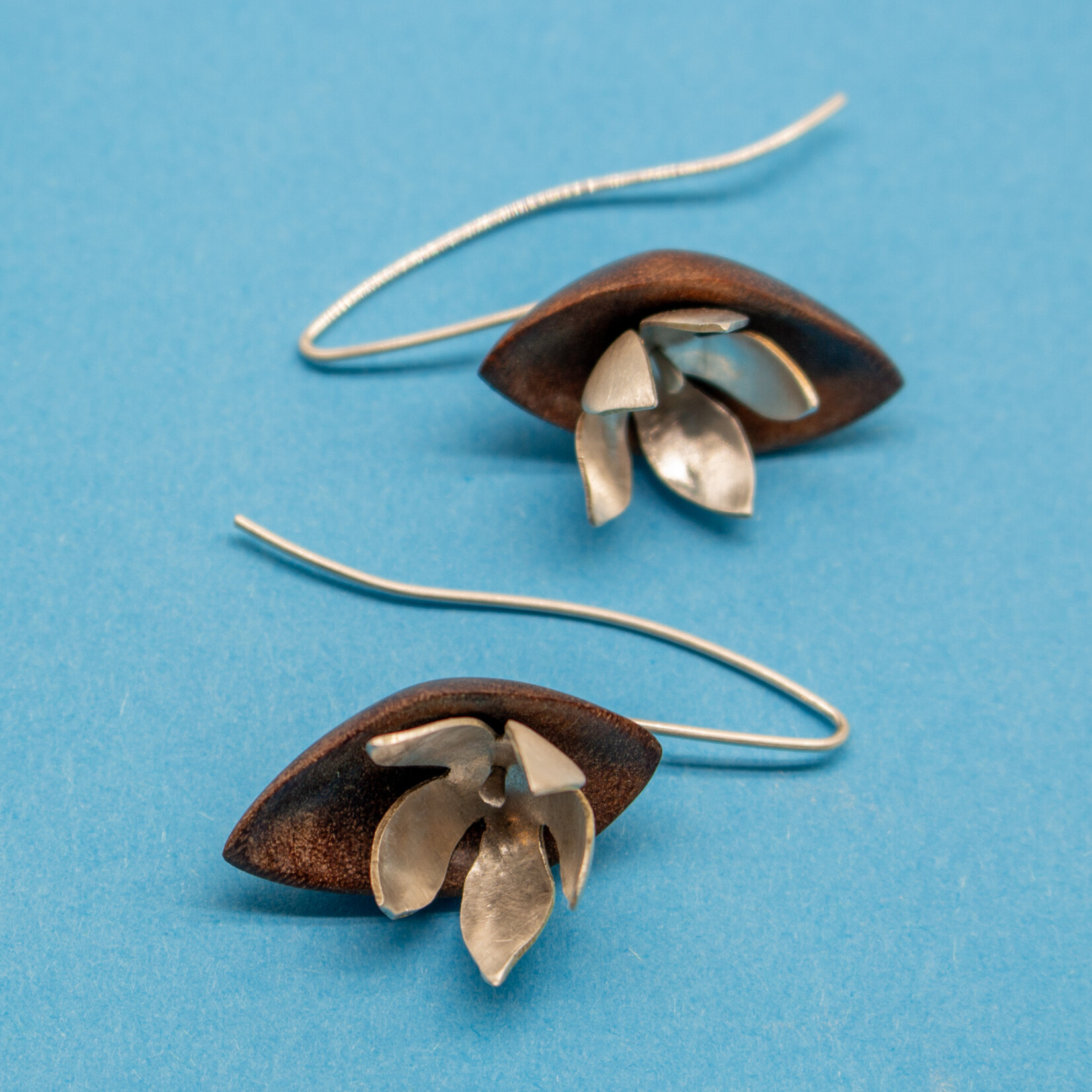 Handmade Earrings by Sarah Bourke – Wenge and Stirling Silver Blossom