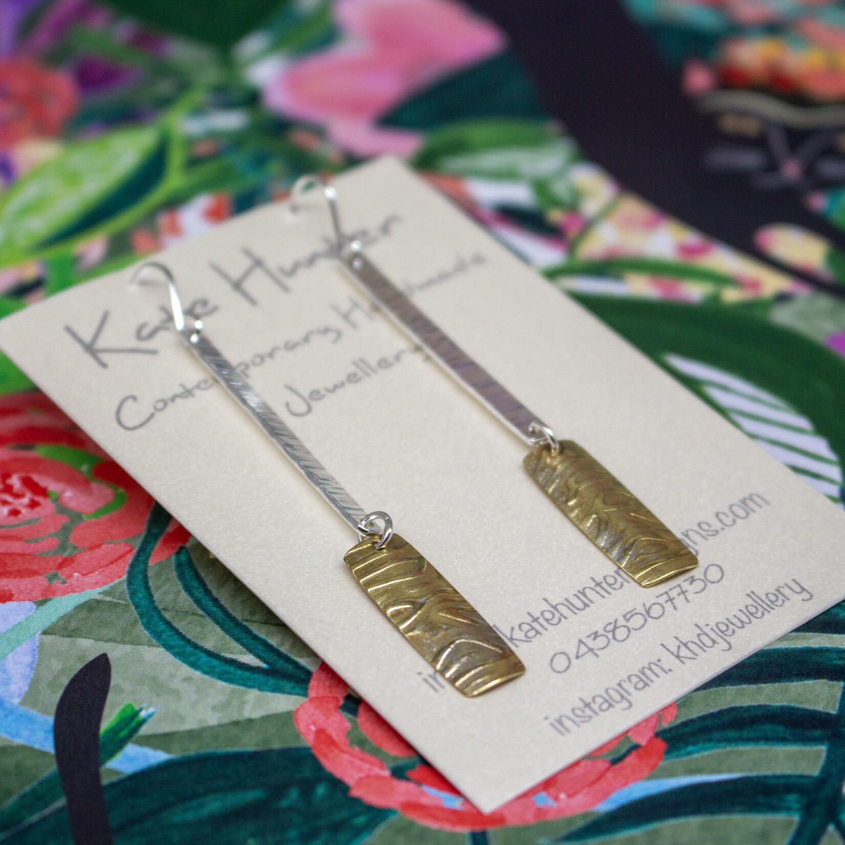 Handmade silver and brass earrings by Kate Hunter Designs