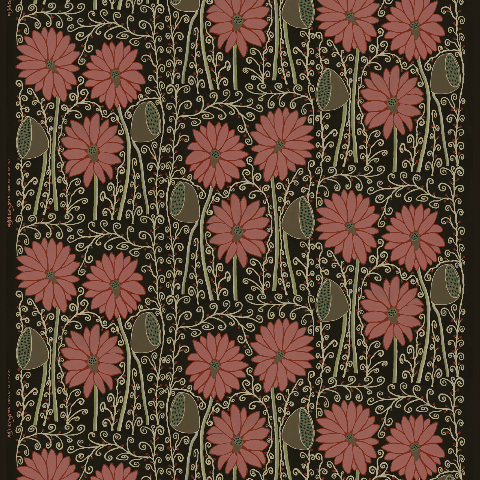 Maljah Cathy Snow, Pink Lilies and Seed Pods 2025 | Textile Length