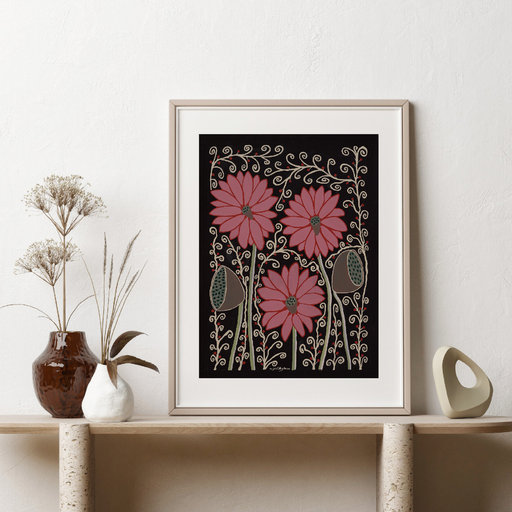 Maljah Cathy Snow, Pink Lilies and Seed Pods 2024 | Open Edition Print