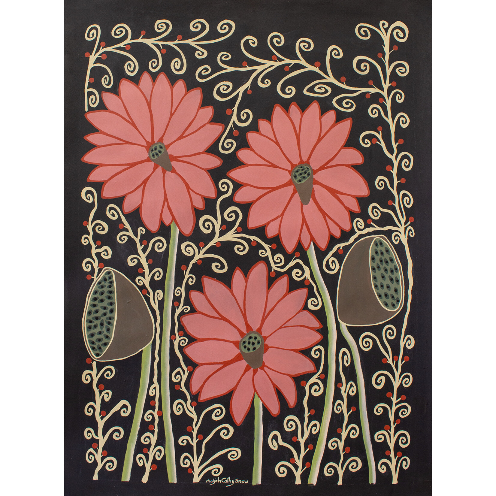 Maljah Cathy Snow, Pink Lilies and Seed Pods 2024 | Open Edition Print