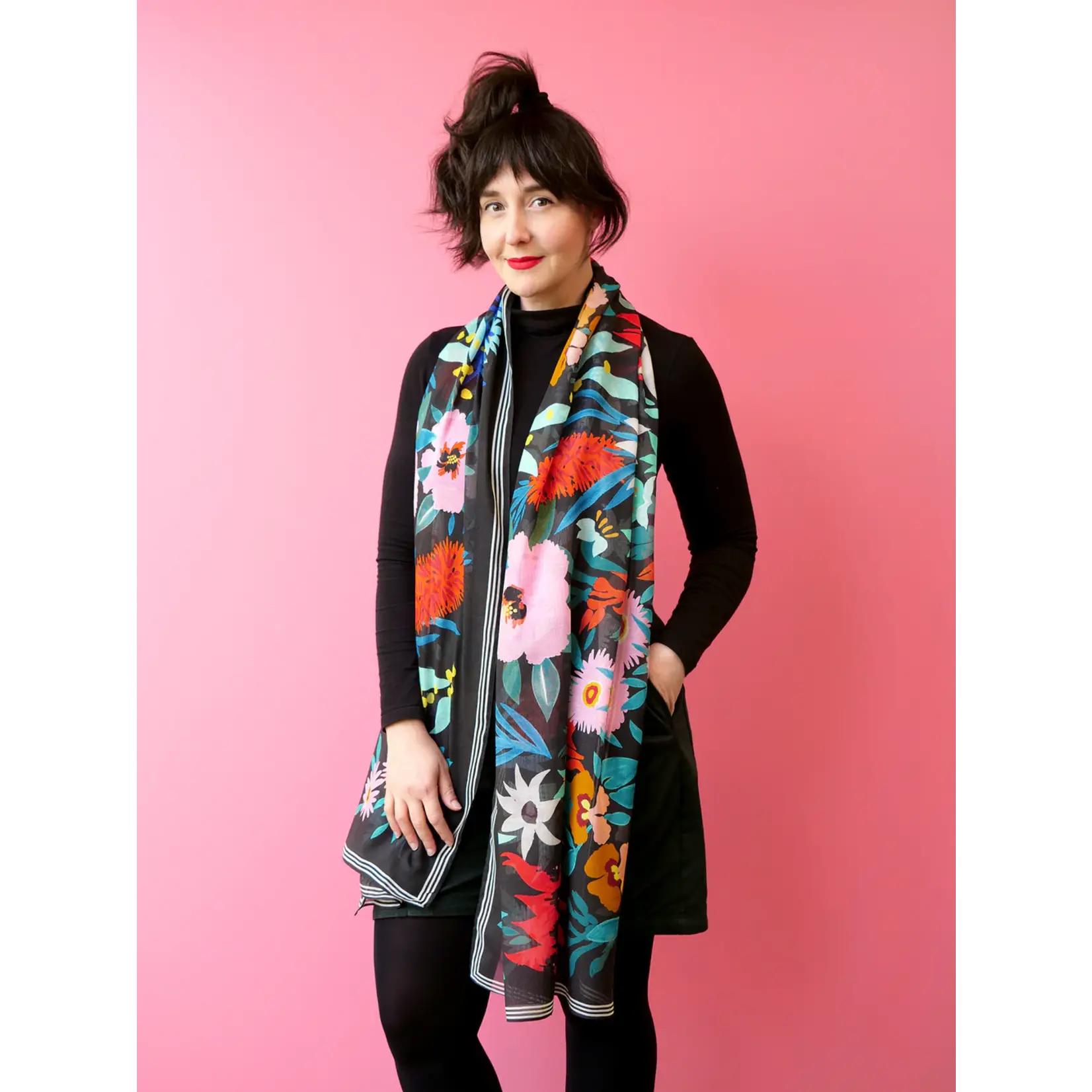 Julie White Silk Modal Scarf, Flower Dance Black - 65 x 200cm