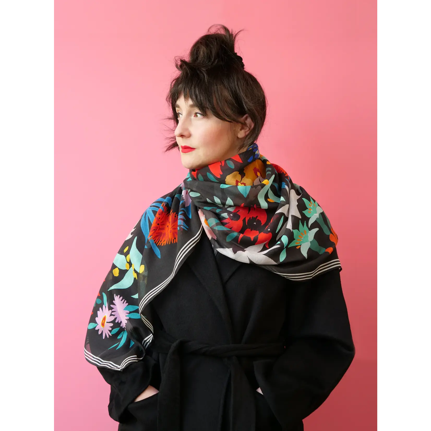 Julie White Silk Modal Scarf, Flower Dance Black - 65 x 200cm