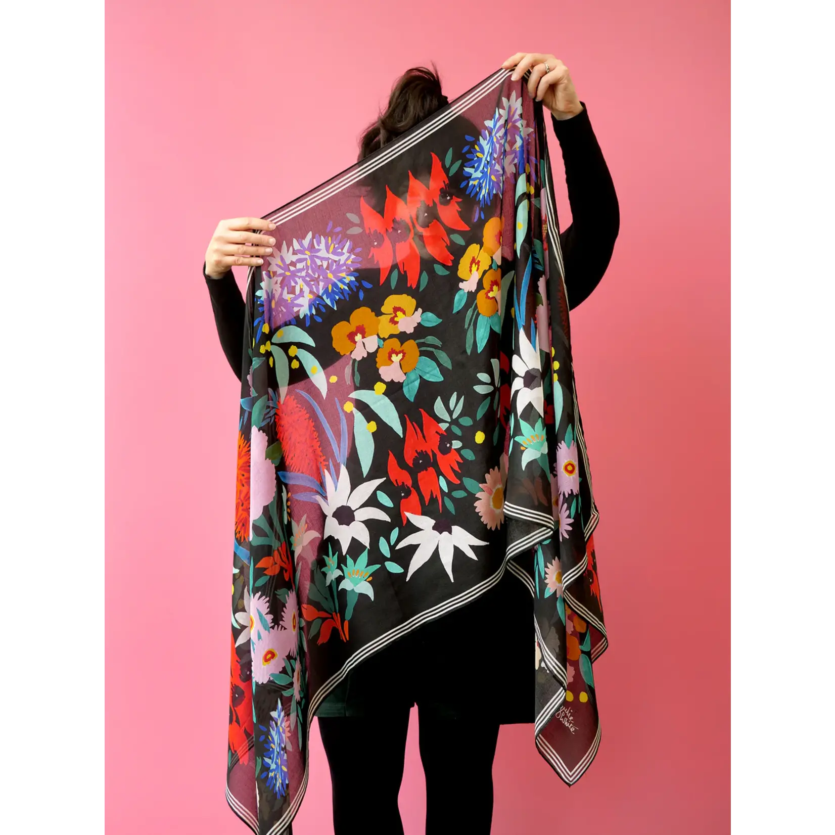 Julie White Silk Modal Scarf, Flower Dance Black - 65 x 200cm