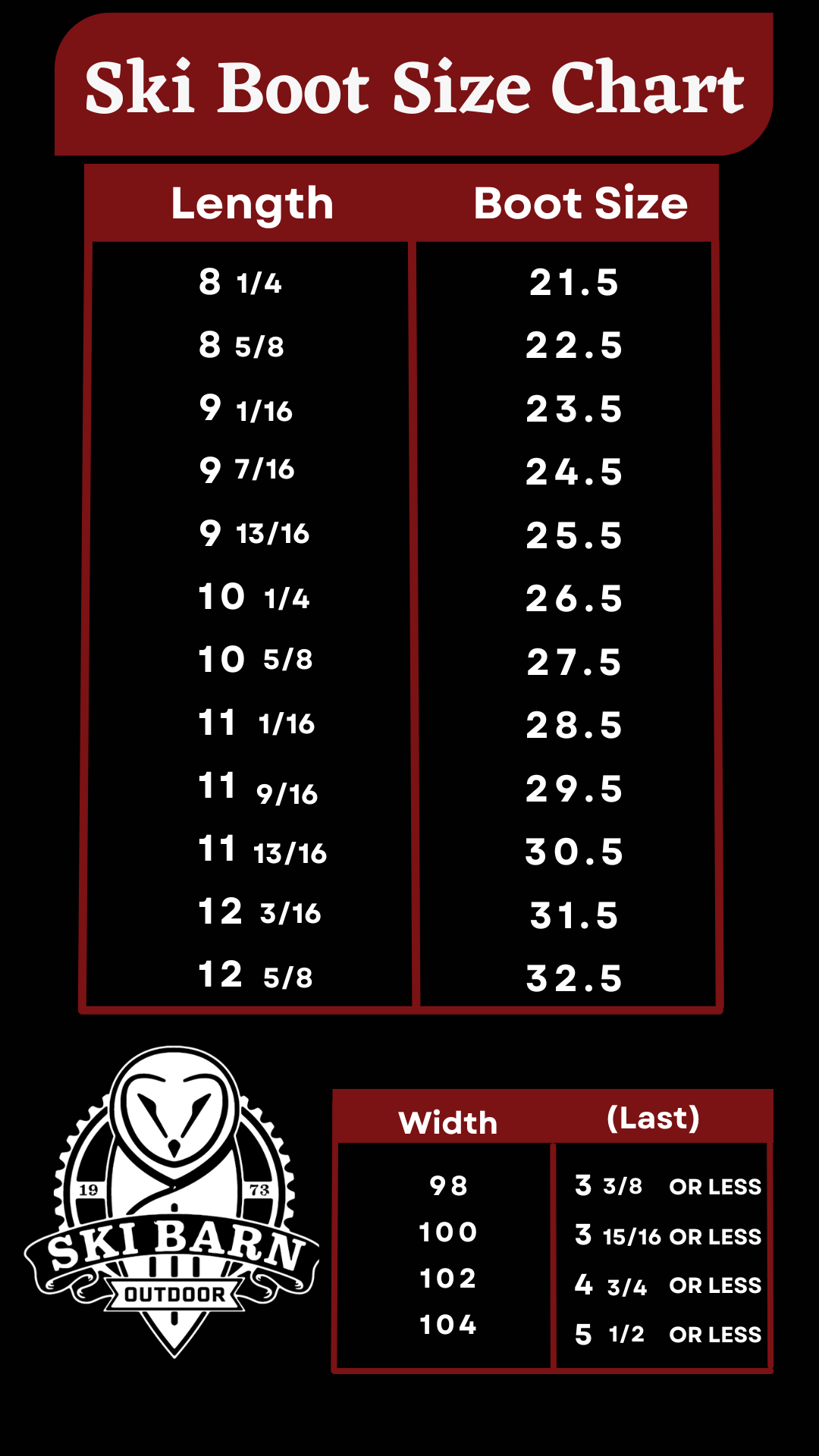 Ski boot size chart