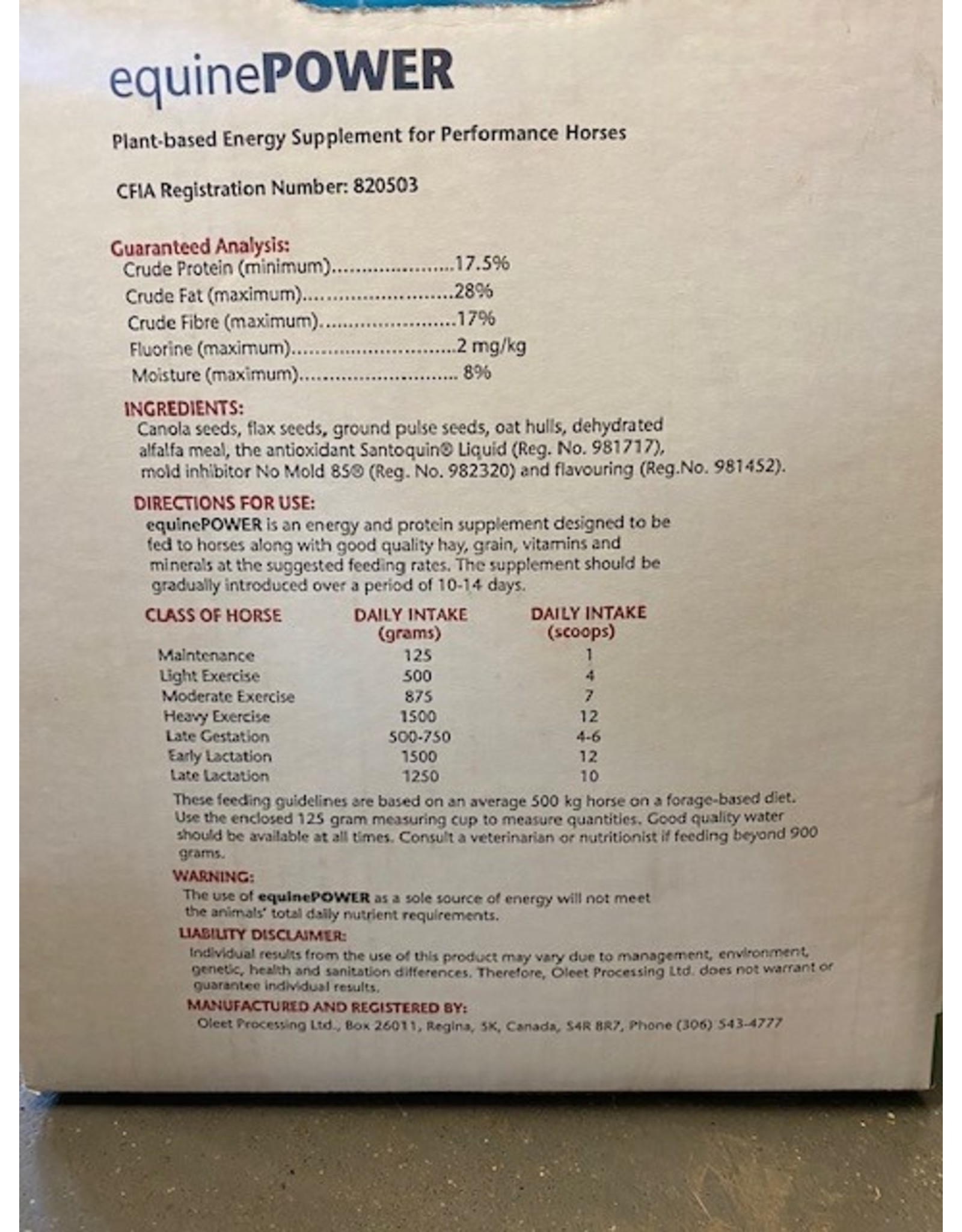 Equine Power 20kg -NSC 13% - CP 19.1%, Fat 28.2%,  Fiber 16.1% - Moisture Content 8%  - Low NSC , Weight Gain