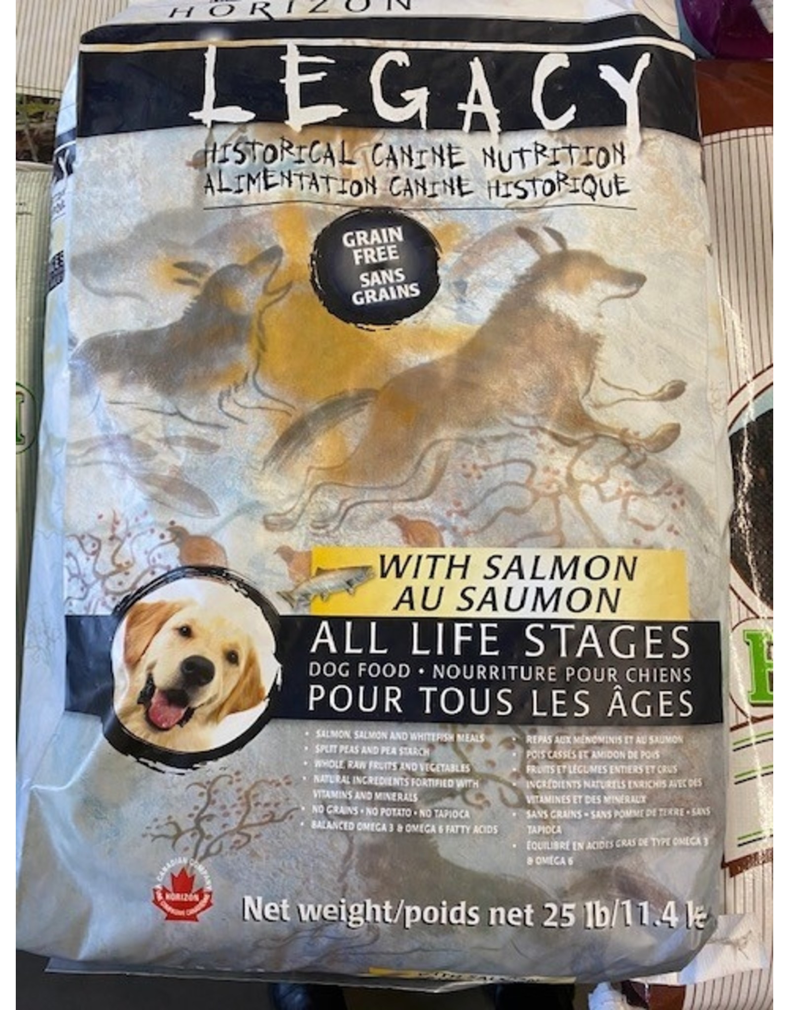 HORIZON LEGACY* Dog Food GRAIN FREE -30bpy Salmons, -  (Grey/Black Bag) All Life Stages 11.4kg /25lb  White Fish, Fruit, Veges    *9999P DNR    4900171 (C-CAN)