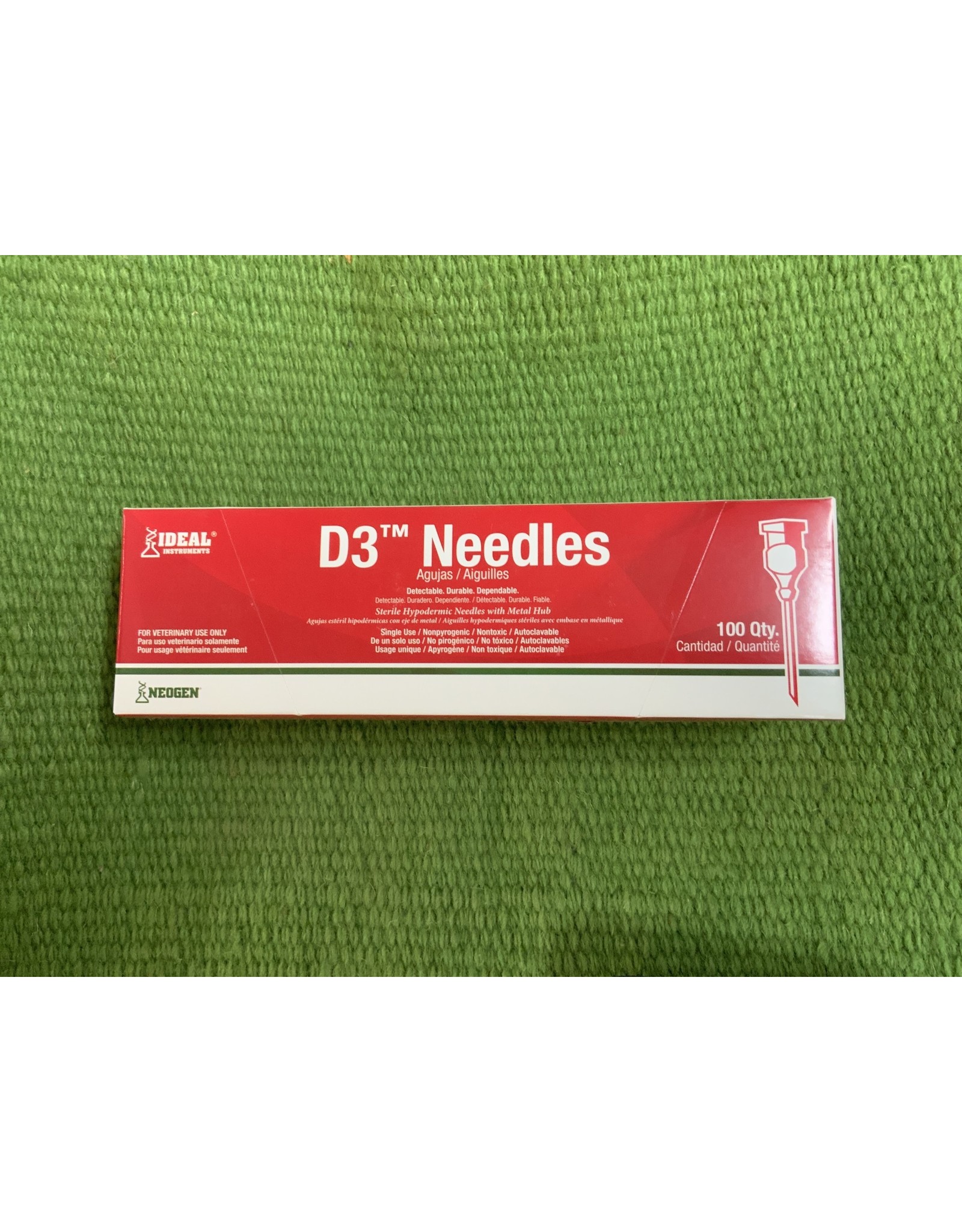 BOX NEEDLES* Ideal D3 Needle 18x5/8 100pk    - These are detectible  so if they break they break in the animal they can be found - they are Aluminum and stronger then regular needles - they are a safety needle034-225