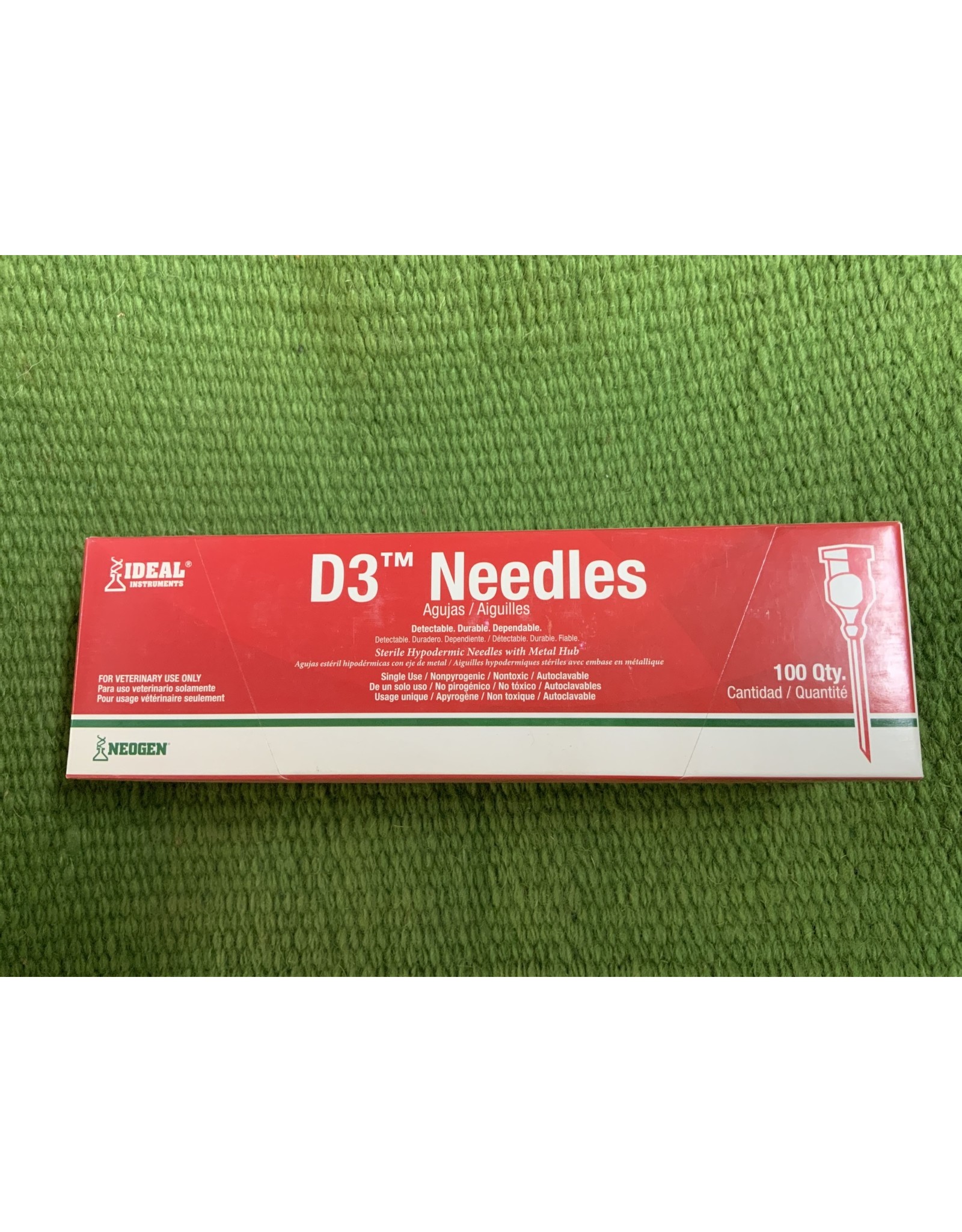 BOX NEEDLES* Ideal D3 Needle 18x3/4 100pk - 034-224  - These are detectible  so if they break they break in the animal they can be found - they are Aluminum and stronger then regular needles - they are a safety needle