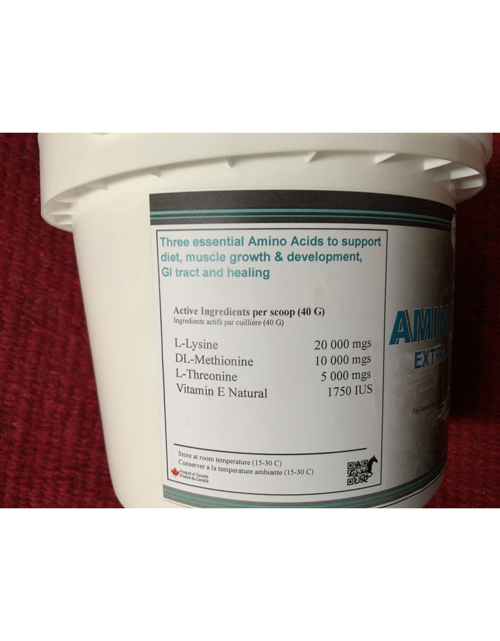 Amino Max Extra Strength *With Natural Vit. E*  1kg - 80710 - Contains three essential Amino Acids to support diet, muscle growth and development, GI tract and healing in horses. L-Lysine 20 grams, DL-Methionine 10 grams, L-Threonine 5 grams & Vitamin