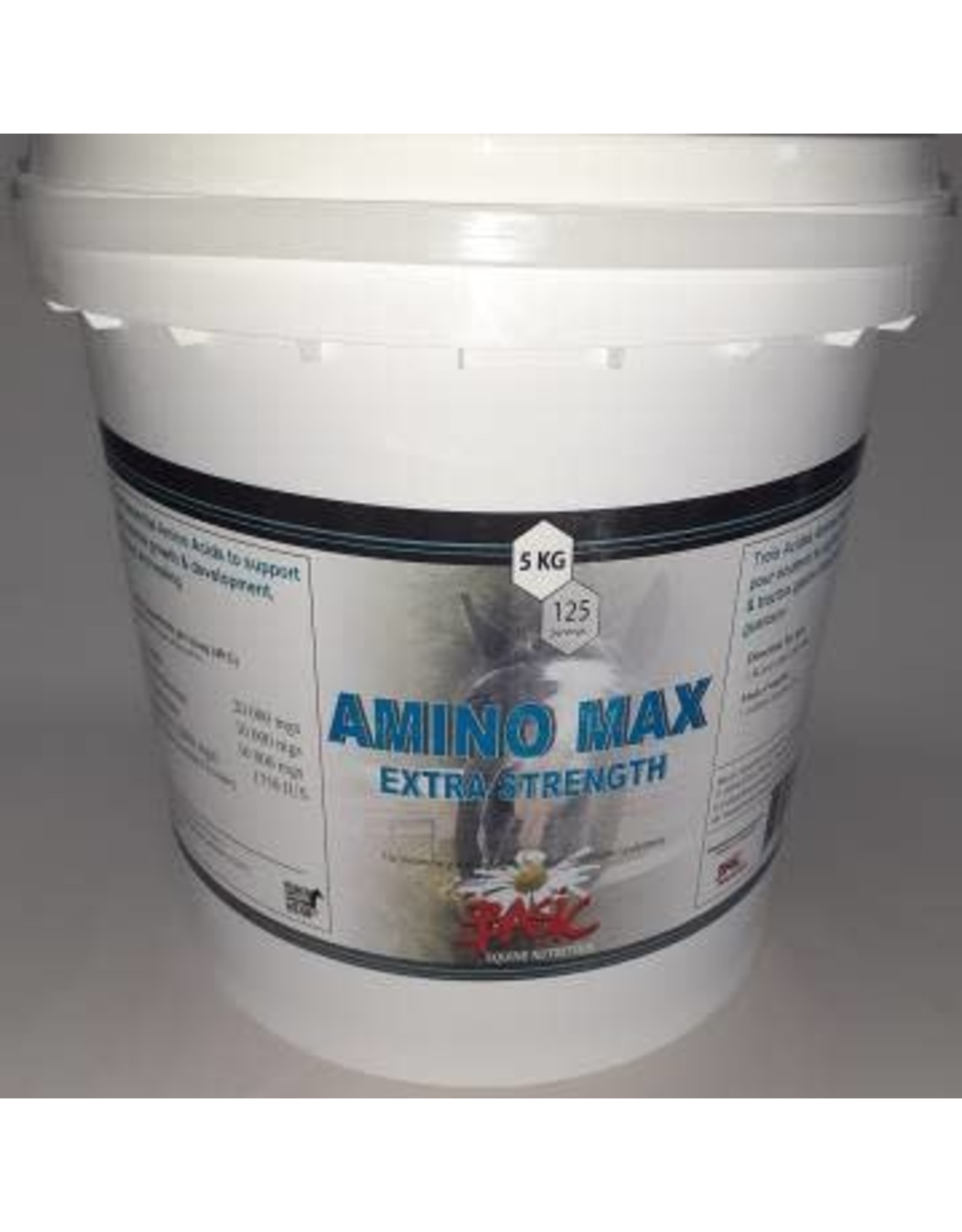 Amino Max Extra Strength *With Natural Vit. E*  *5 Kg 80712 -  Contains three essential Amino Acids to support diet, muscle growth and development, GI tract and healing in horses. L-Lysine 20 grams, DL-Methionine 10 grams, L-Threonine 5 grams & Vitami