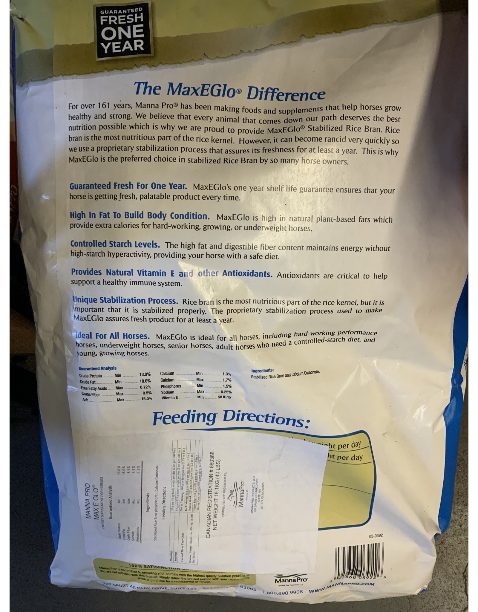 Manna Pro Max E Glo Rice Bran Meal 18kg - NSC 20% - CP 13%, Fat 18%, Fiber 8.5%  - M855- blue. IN STORE - C-Can