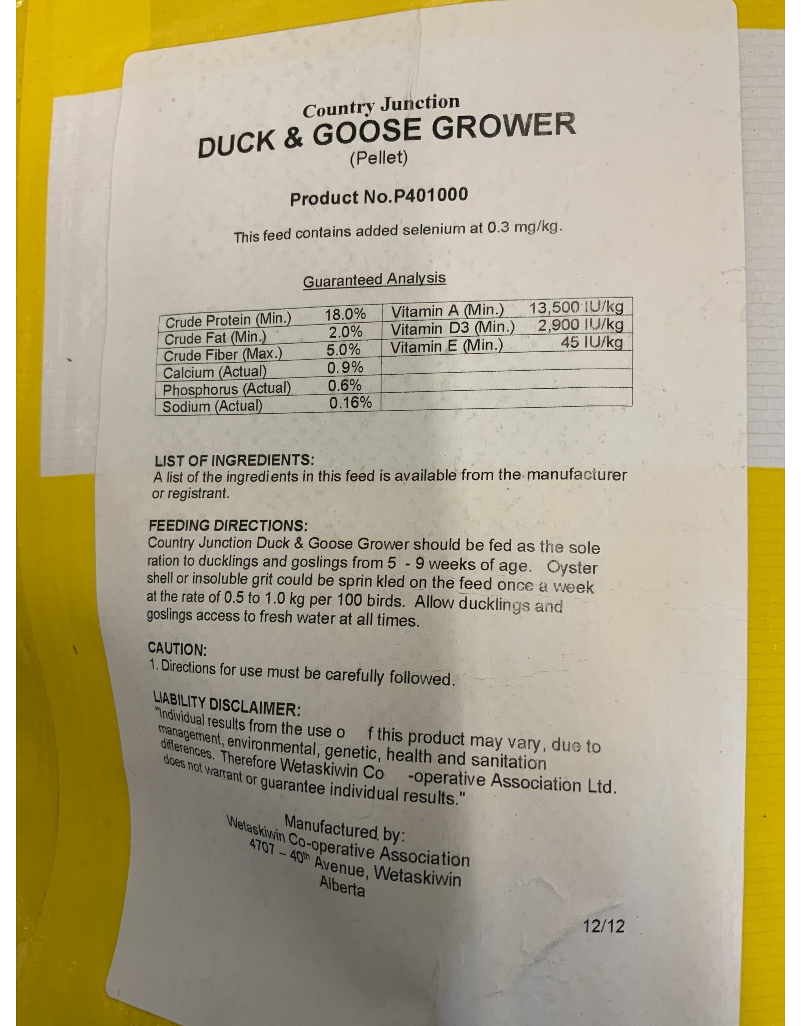 Duck & Goose Grower 18%- Pellets 20kg P401000B  (C-CAN) - Country Junction