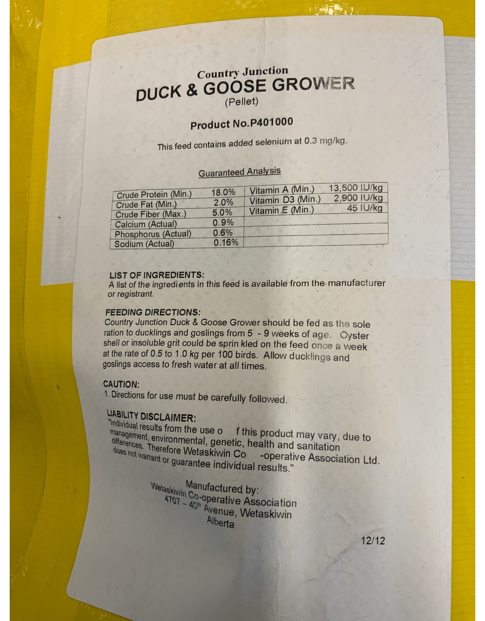 Duck & Goose Grower 18%- Pellets 20kg P401000B  (C-CAN) - Country Junction