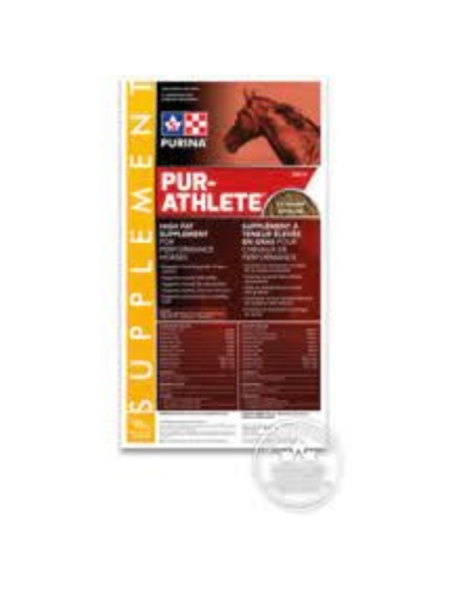 Purina PURINA PUR - ATHLETE SUPPLEMENT 20kg  -  CP35810 - NSC 15% Max - CP 20%, Fat 27%, Fiber 4.0% -   An extruded fat supplement containing vegetable oil and flaxseed -  Formulated to provide added energy and nutrients for performance horses. - IN STORE