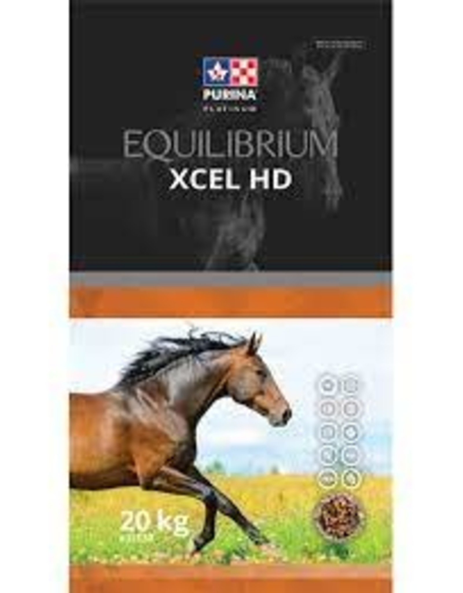 Purina PURINA EQUILIBRIUM XCEL HD 20kg  -  CP 35530 -  NCS 15.5% - CP 13%, Fat 12%, Fiber 15% - High-fat / low glycemic feed contains higher fat and fiber content and is intended for equine athletes and hard keepers.