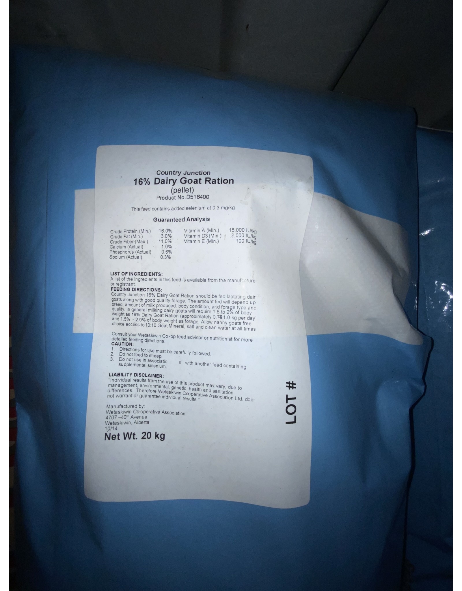 16% DAIRY GOAT / Grower / Finisher (Pellet)  - 20KG D516400 B (blue bag)  (C-CAN) ***SALE***