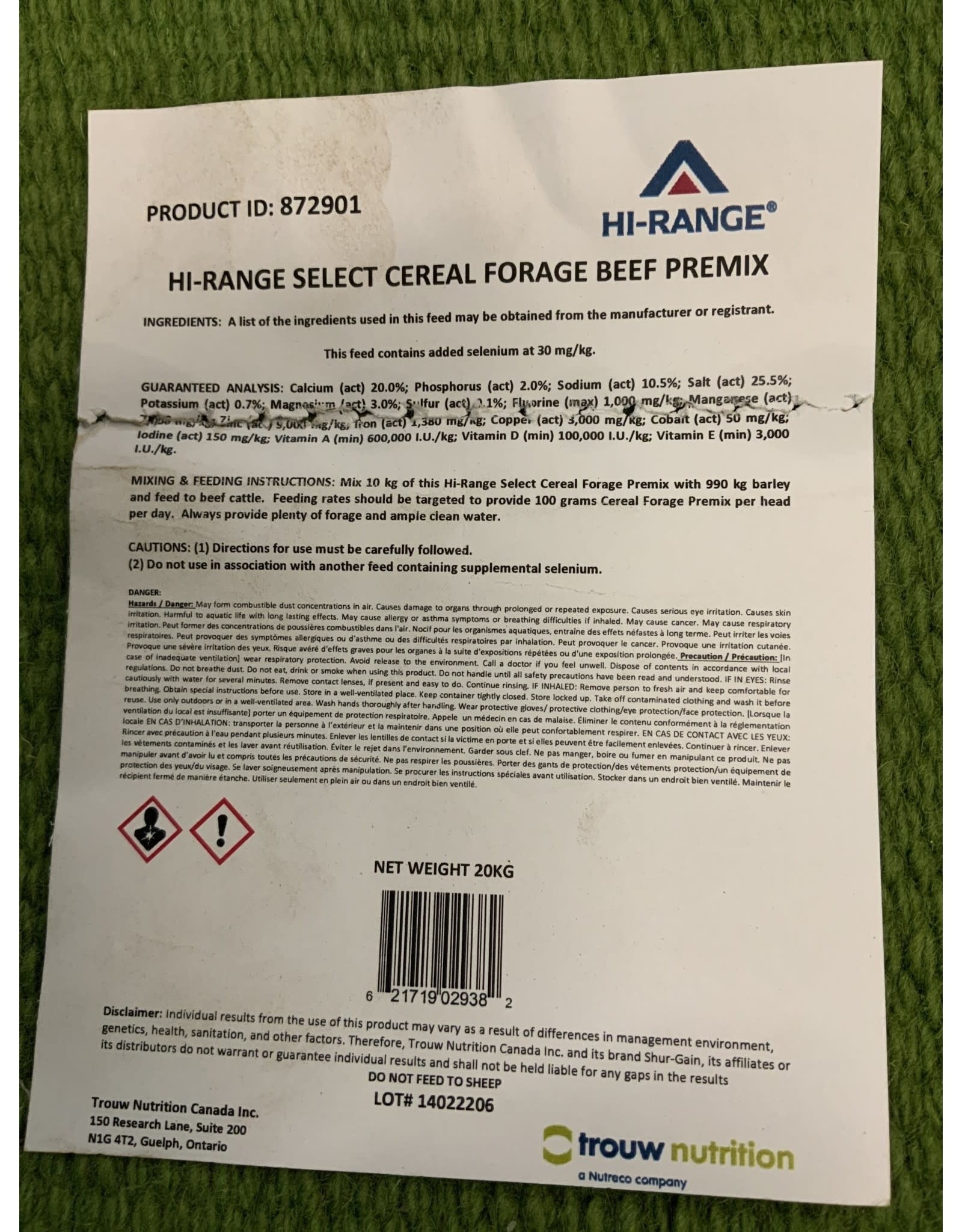 Cattle Mineral (Loose) 20 KG  * HI-RANGE SELECT CEREAL FORAGE BF PREMIX  - NON MEDICATED - 13359725