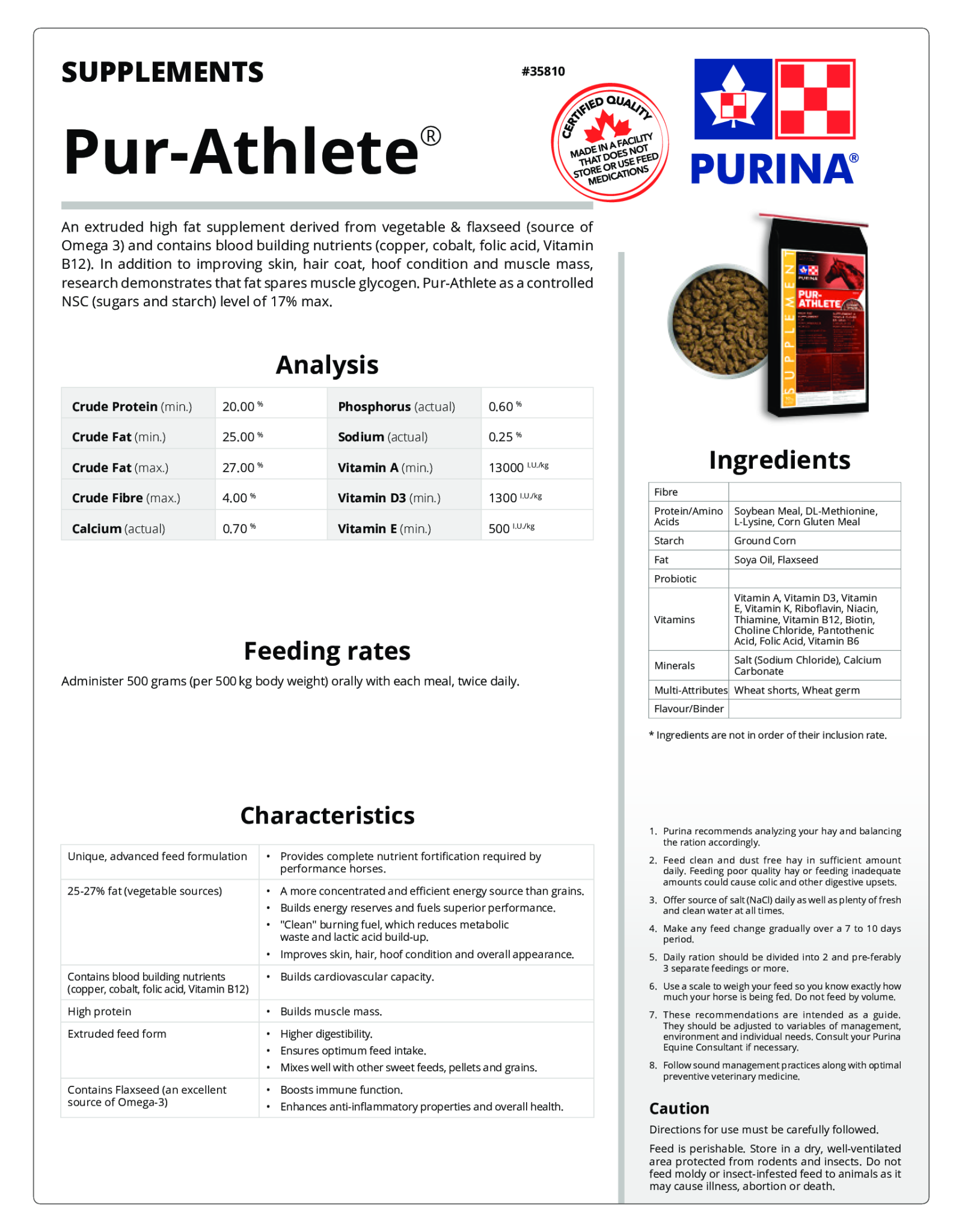 Purina PURINA PUR - ATHLETE SUPPLEMENT 20kg  -  CP35810 - NSC 15% Max - CP 20%, Fat 27%, Fiber 4.0% -   An extruded fat supplement containing vegetable oil and flaxseed -  Formulated to provide added energy and nutrients for performance horses. - IN STORE
