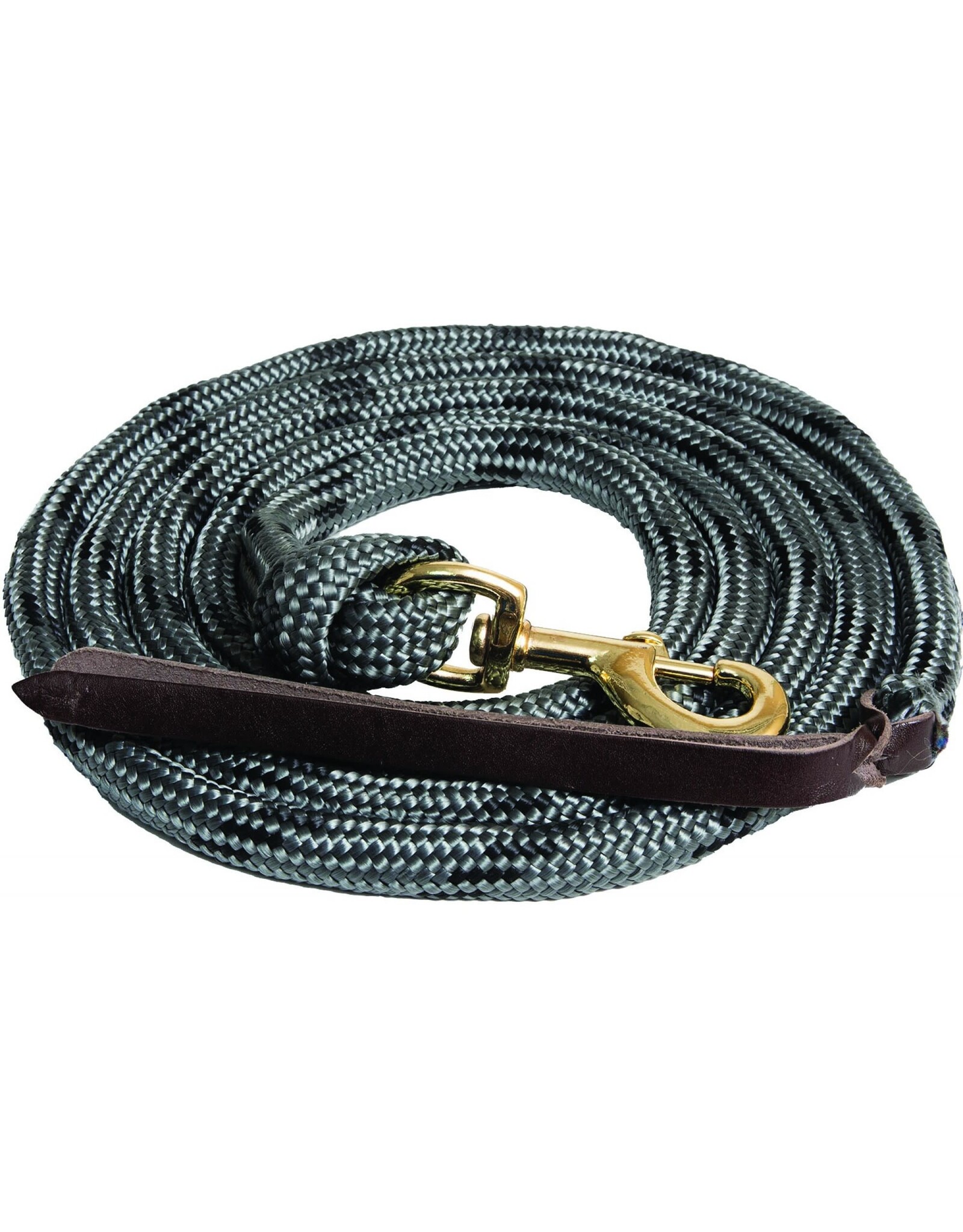 Mustang Cowboy Poly Lead Rope - 5/8" x 9' with 7/8" brass plated bolt snap and leather popper end. - Grey/Blk - 292648-78
